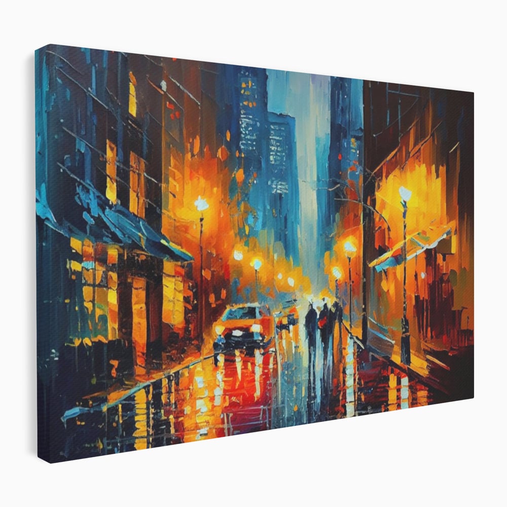 Tablou canvas cu pictura stradala cu oras plouat, fara rama, pe sasiu de lemn